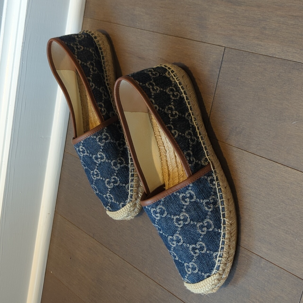 Gucci Blue Denim Monogram Espadrilles with Brown Trim - Picture 3 of 13